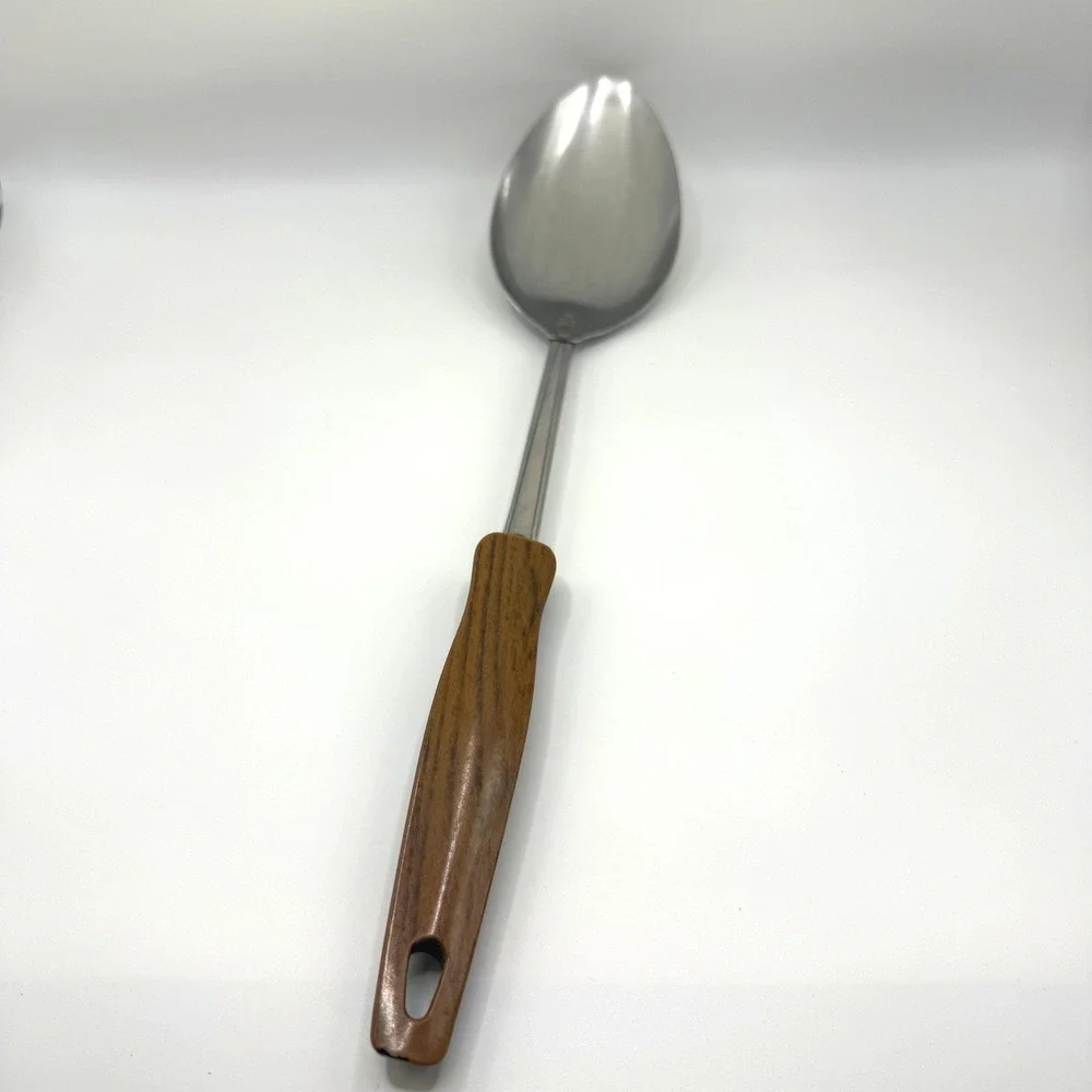 Vintage Ekco Stainless Steel Serving Spoon Faux Wood‎ Grain Handle Made in USA